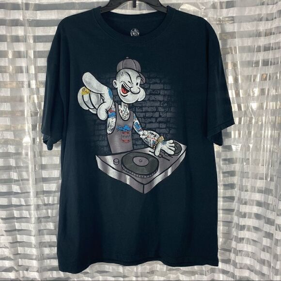 Popeye DJ Spinning Turntable Black TShirt - Picture 1 of 5